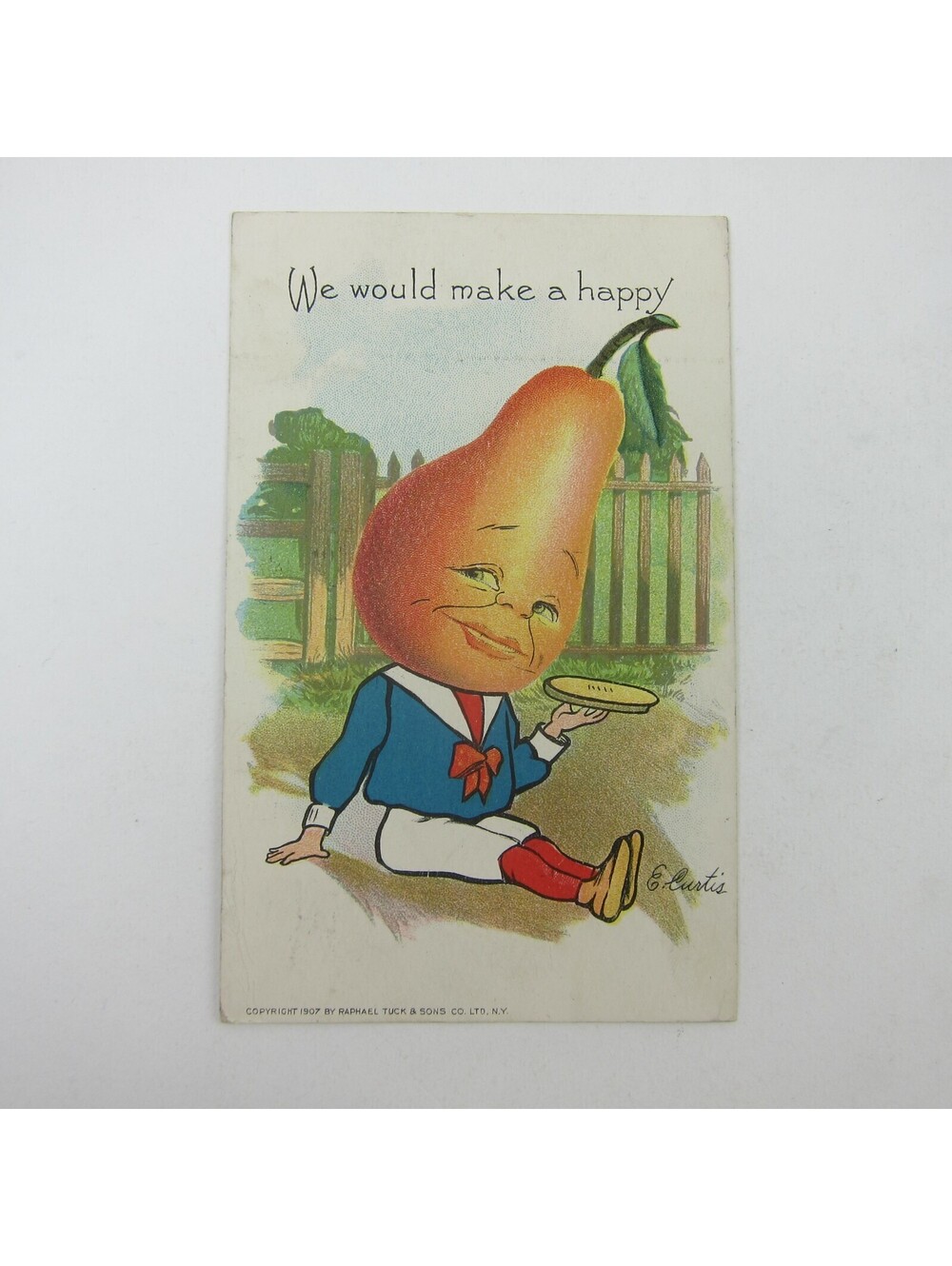 Fantasy Postcard Tuck Pear Head Anthropomorphic Garden Patch E. Curtis Antique